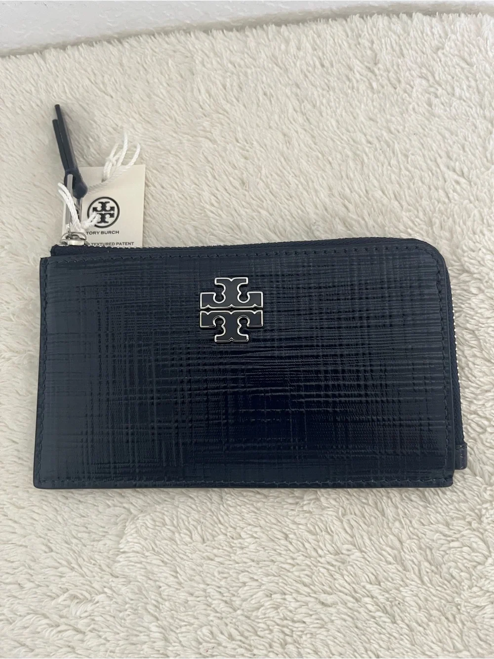 Tory Burch Navy Patent Zip Card Holder with Logo